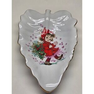 Vintage Lefton China Christmas Leaf Dish Hand Painted Girl Holly 443P Japan Gold